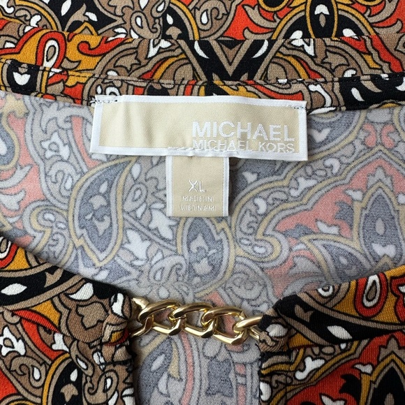 MICHAEL KORS Black, Beige & Orange Printed Gold Chain Petal Sleeve Top | Size XL - Picture 13 of 16